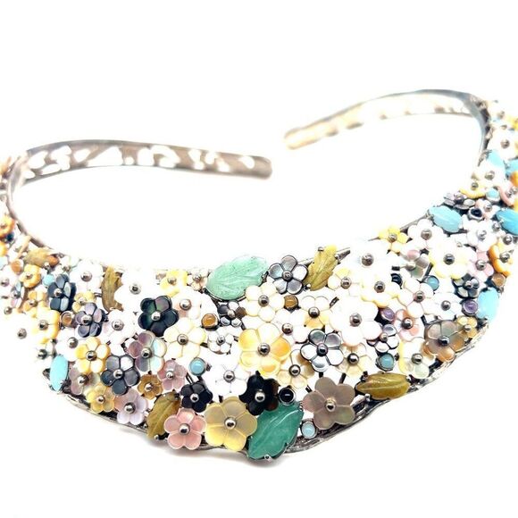 Exquisite 925 Silver Floral Stones Open Collar Necklace - Picture 1 of 9